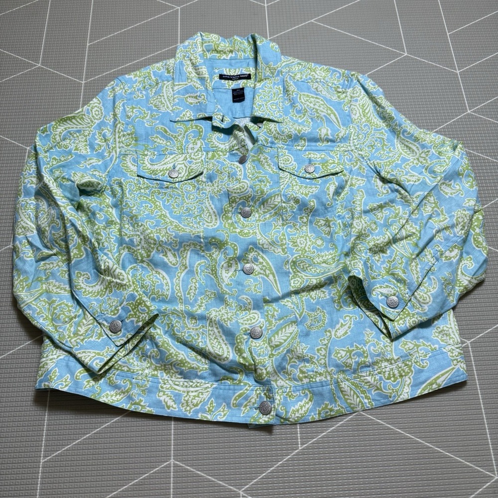 Saint Tropez West 100% Linen Jacket 2X Tropical Paisley Print Metal Buttons